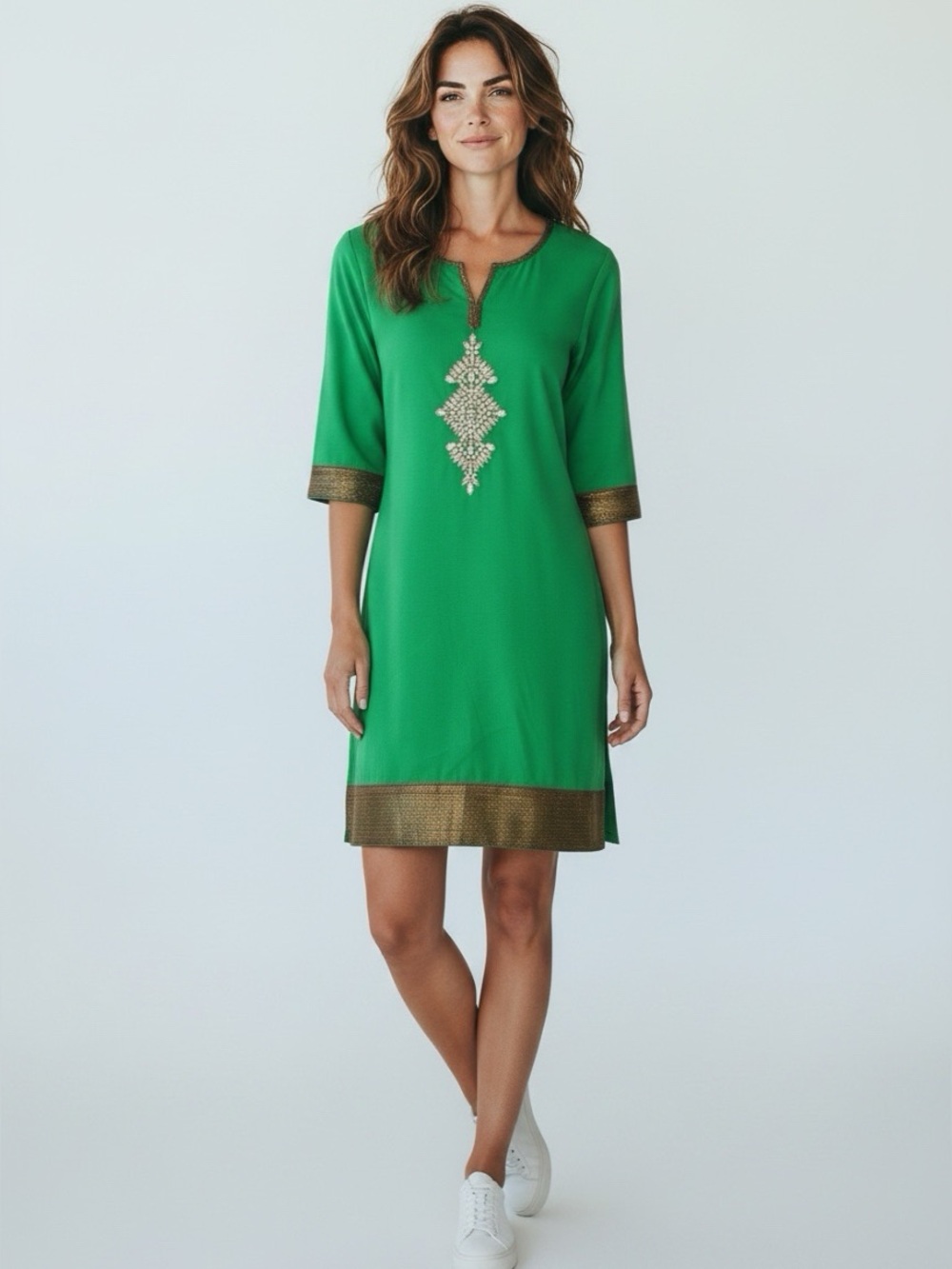 Green Jeweled Embellished Kurta Tunic Dress Indian Boho Ethnic NWOT